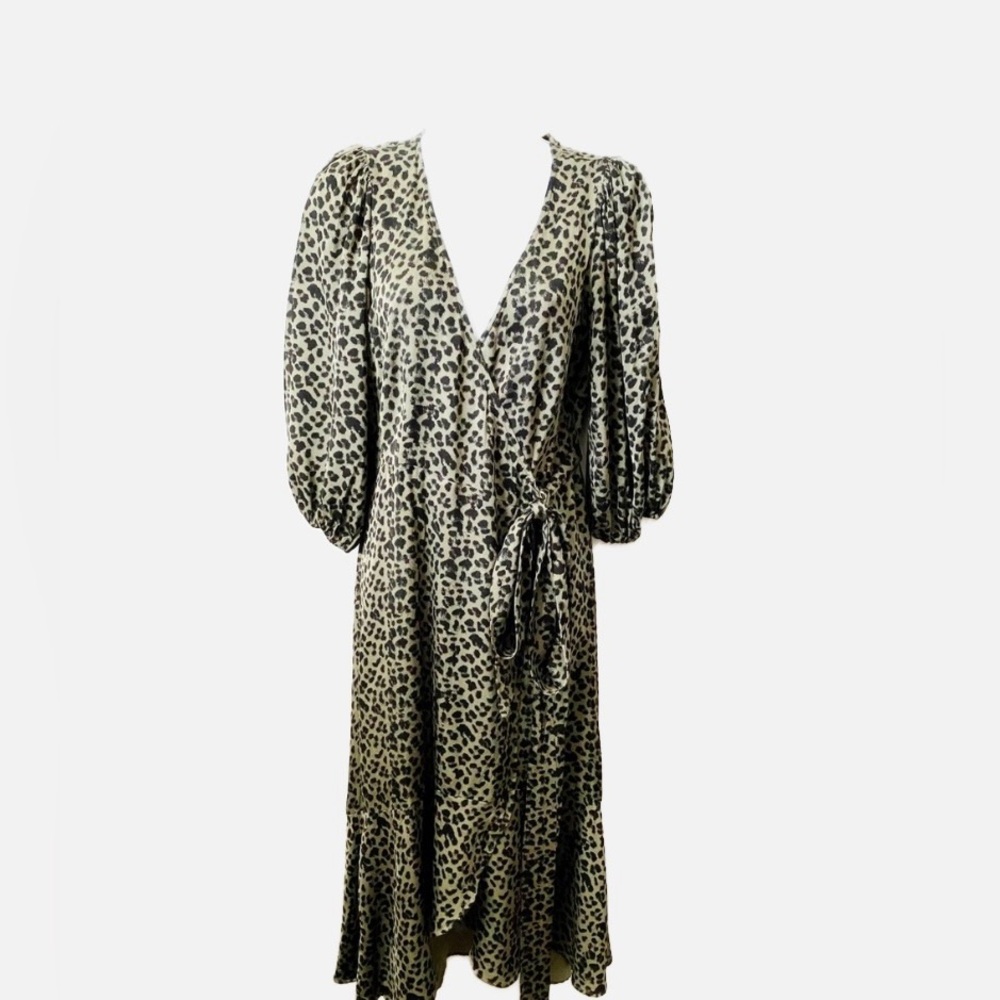 Good American, Leopard Print, Wrap, High Low, Quarter Length Puff Sleeve…